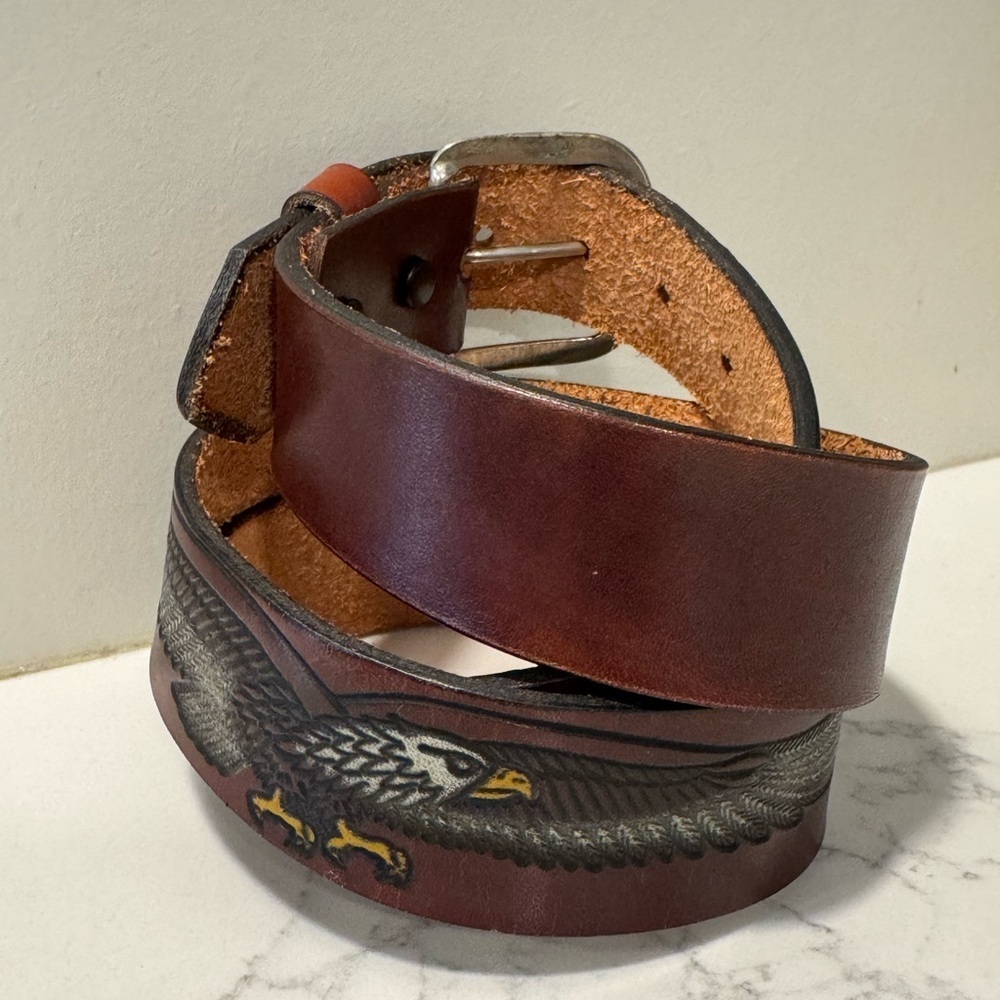 Men's Brown Tooled Bald Eagle Genuine Leather Belt - Picture 2 of 11